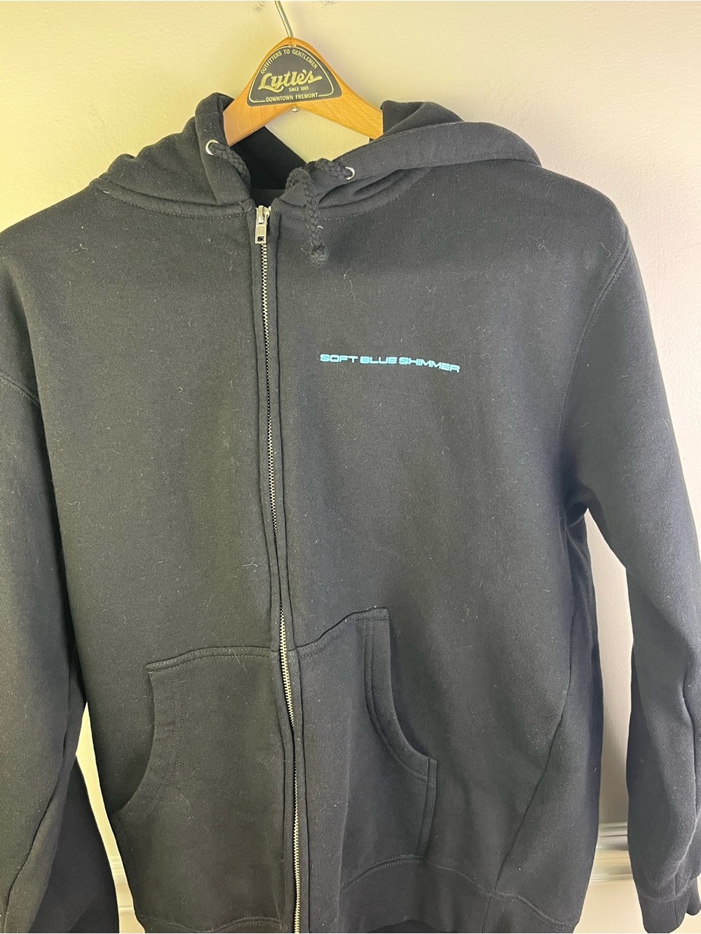 Soft Blue Shimmer Black Zip-Up Hoodie